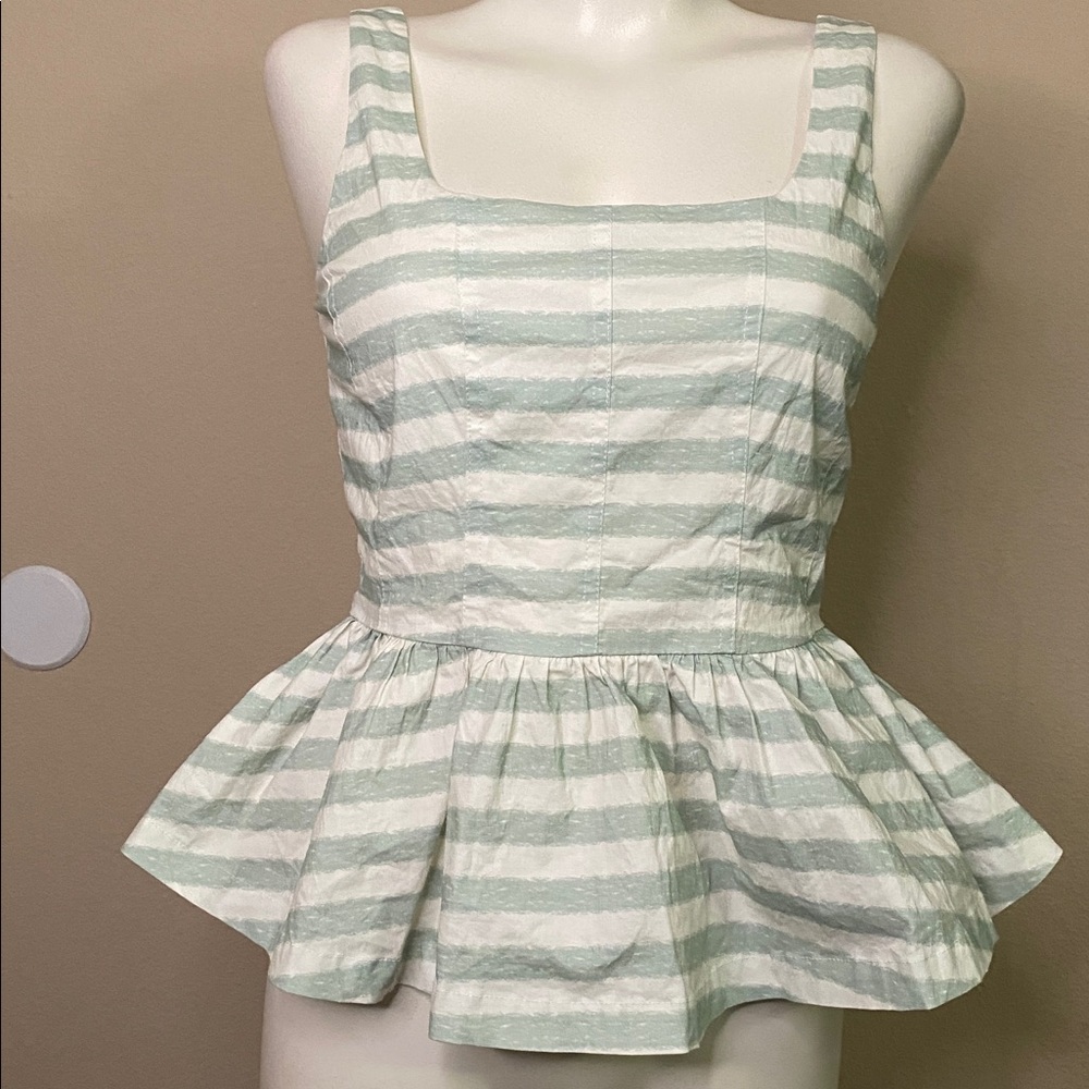 Avec Les Filles Mint and White Striped Peplum Blouse